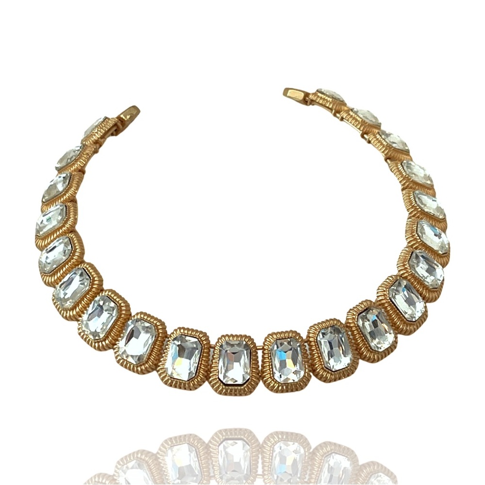 Rhinestone Crystal Choker Bib Rectangle Statement Necklace Brushed Enamel Gold